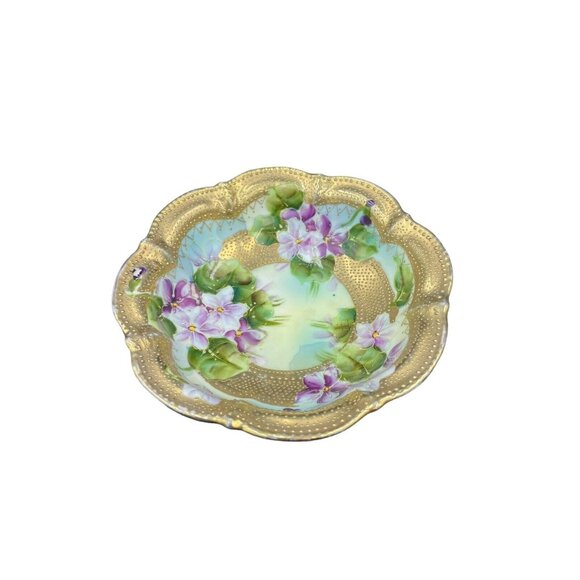 Antique Nippon Hand Painted Moriage Berry Bowl Purple Floral Gold Gilt 6” Bowl 1 - Picture 2 of 6